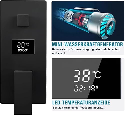 Sistema doccia nero da incasso, in acciaio inox, con display LCD a temperatura, soffione da 30 x 30 cm, doccetta da 200 mm, corpo in ottone, soffione a pioggia nero, tubo doccia da 1,5 m - Honorern
