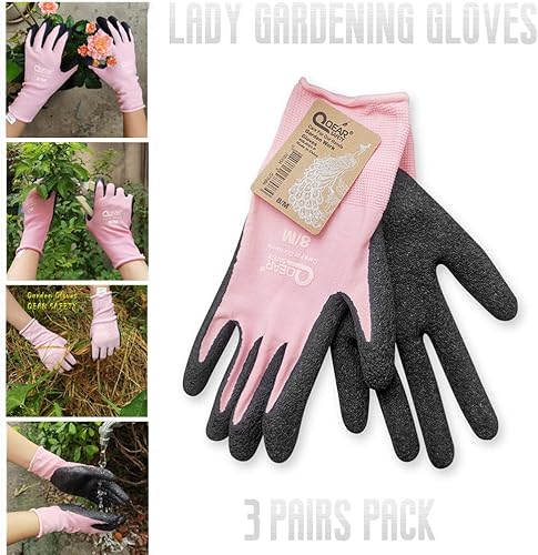 3 paia di guanti da lavoro da giardino da donna, rosa, rivestimento in lattice con palmo, funzione muti, abrasione, adatti a mano, giardinaggio, lavori domestici - Honorern