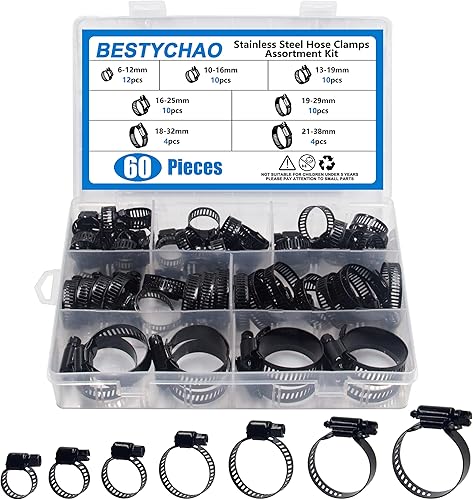 60 fascette stringitubo in acciaio inox, assortite, 7 gamma regolabile, 6-38 mm, per idraulici, automobilistici e meccanici, colore nero - Honorern