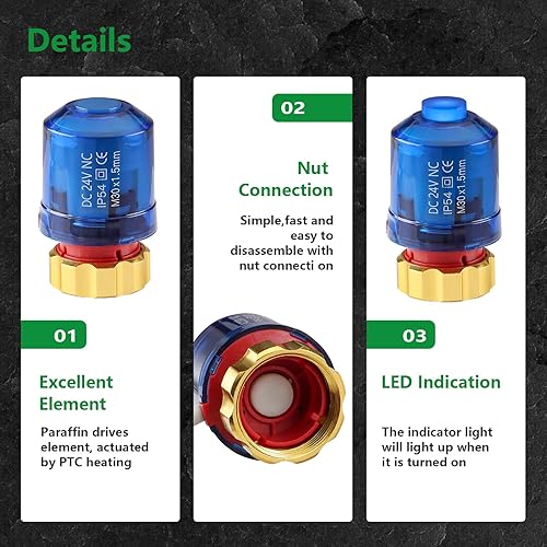Attuatore termico WG02, valvola da 24 V, stato di accensione e spegnimento con indicazione LED a 360 gradi, Normalmente Chiuso, per termostato per riscaldamento a pavimento, blu - Honorern