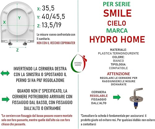 HYDRO HOME Copriwater Compatibile con Smile Cielo, Plastica Termoindurente avvolgente Cerniere Regolabili fissaggio dall'alto, Bianco MADE IN ITALY (CHIUSURA CLASSICA) - Honorern