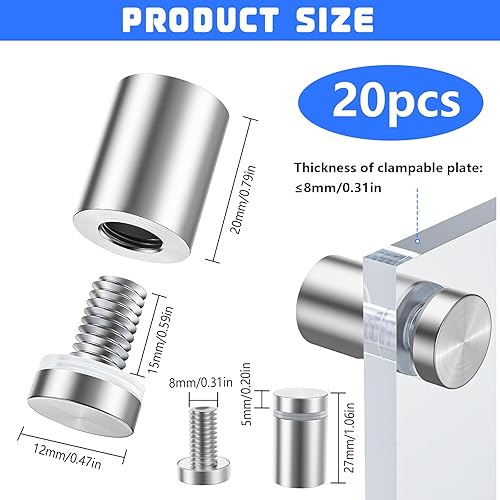 20 Pezzi Distanziali per Targhe, Distanziatori per Plexiglass con Viti e Tappo in Gomma, Distanziali per Targhe in Acciaio Inox per Pubblicitario/ Cartelloni/ Specchi (12 x 25 mm) - Honorern