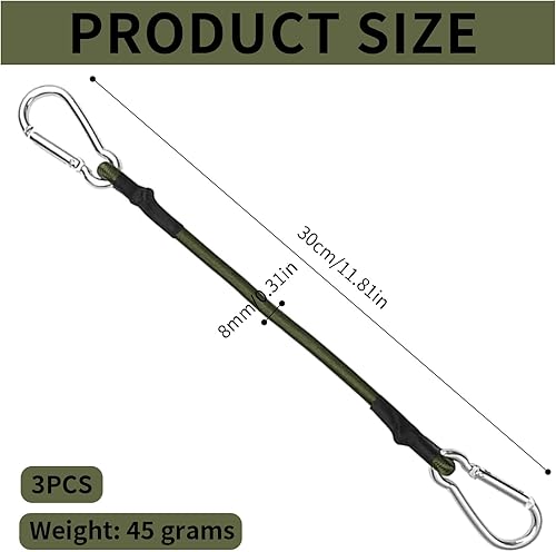 3 Pezzi de Corda Elastica con Moschettone 30 cm, Corda di Serraggio Facile da Trasportare, Cinghie Moto con Doppio Moschettone in Alluminio, Adatta All'uso Esterno per Legare e Fissare - Honorern