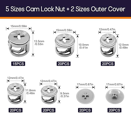 135 Pezzi Eccentrico Ruota Dado, 5 Taglie Eccentrica Connettore Vite per Mobili, Dadi a Camma Ferramenta con 2 Tipi di Tappi, Raccordi Connettori per Mobili Cassetti - Honorern