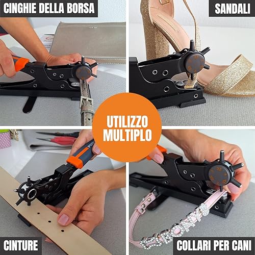 Pinza Fustellatric per Buchi Cintura, Progetti DIY Casa o Artigianali. Punzoni per Cuoio, Super Robusta Testina Rotante, Punzonatrice Fori Varie Misure - Honorern