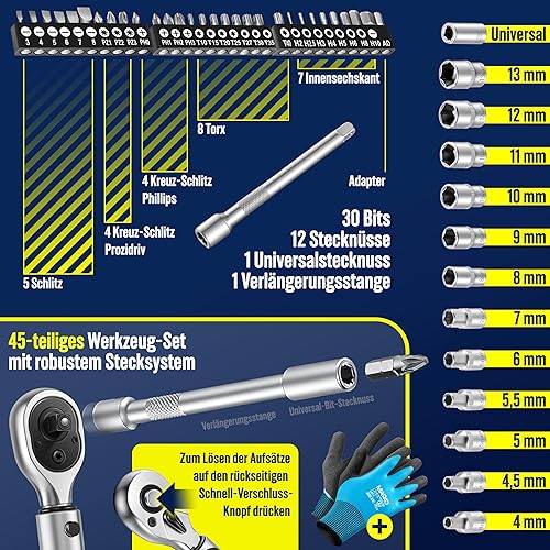 Set di Chiavi Dinamometriche 45 pezzi per Auto, Bici e Moto 1/4 di pollice 5-25Nm incl. Guanti, Presa magnetica per Candela Prese con asta di Prolunga 100mm +/- 4% di tolleranza - Honorern