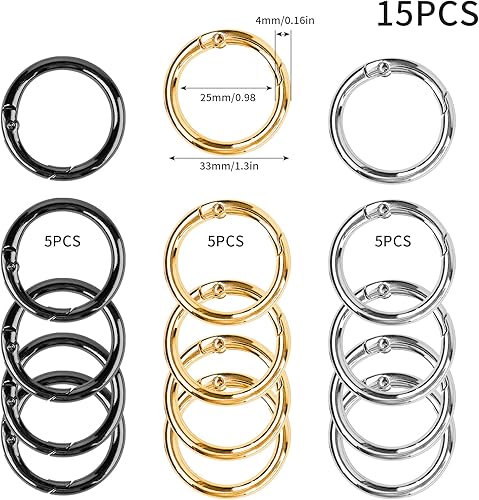 15 moschettoni rotondi in metallo, 33 mm, con apertura a molla, anello rotondo, moschettone a molla per portachiavi, artigianato, zaini, borse per il trasporto - Honorern