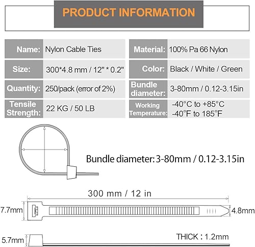 250 Pezzi Fascette Plastica Verdi 300 x 4.8mm, Fascette Elettricista Per Giardino Recinzione 300 mm - Honorern