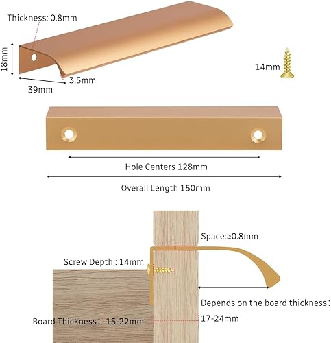 flintronic Maniglie Armadio Nascoste, 6 Pezzi 150 mm Maniglie Nascoste per Armadietti(Interasse: 128 mm), con Viti, per Porte, per Casa, Cassetti, Armadi -Oro - Honorern