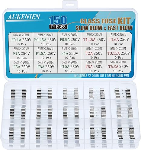 AUKENIEN 150 Pezzi Fusibili Vetro 9 Valori Fusione Rapida F 0,1A 0,25A 0,5A 1A 1,5A 4A 5A 8A 10A 6 Valori Soffiato Lento T 1,25A 1,6A 2A 3,15A 5A 6,3A Ampere 250V 5x20mm Kit Assortimento di Fusibile - Honorern