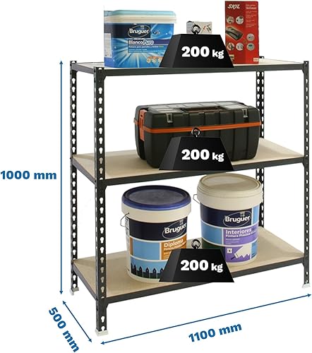 Simon Rack Étagère Rangement à 3 Niveaux en Boix, 200 kg Capacité de Charge et Point de Flexion, 1000x1100x500 mm, Étagère Charge Lourde, Étagère Garage, Blanc/Bois - Maderclick - Honorern