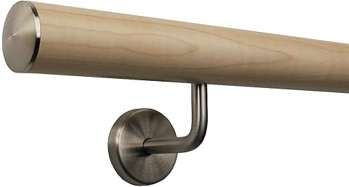 Corrimano in acero per scale, manico in legno ad angolo, supporto in acciaio inox, lunghezza 30-500 cm da un unico pezzo/variante: 200 cm con 3 supporti, tappo in acciaio inox leggermente bombato - Honorern