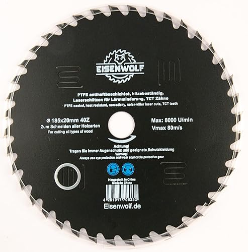 Lama per sega circolare da 185 x 20 mm, per legno con 40 denti TCT inclinati, rivestimento antiaderente PTFE e taglio laser per ridurre il rumore - Honorern