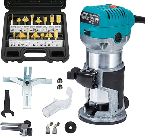 Fresa a mano per legno, fresa multifunzione, 710 W + 15 pezzi, fresa in metallo duro da 6,35 mm - Honorern