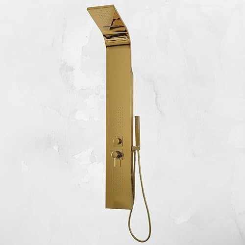 Pannello Doccia a Colonna Gold Acciaio Oro Lucido Opaco 4 Funzioni Con Cascata Doccetta Miscelatore Acqua Calda Fredda - Honorern