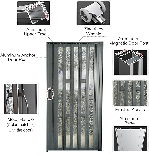 Porta Divisoria Pieghevole in Alluminio Alta 190 195 200 205 210 CM, Porta Scorrevole A Fisarmonica Interna con Acrilico Satinato per Cucina, Bagno, Dispensa(Gray,90x200cm/35.4x78.7in) - Honorern