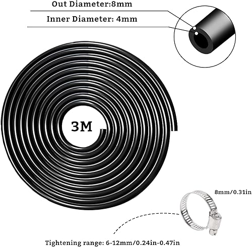 Jortmrd 3 Metri Tubo Silicone Tubo a Vuoto in Silicone Tubo per Auto Tubo per Vuoto ad Alta Temperatura Nero per Tutti Gli Accessori Aria Pompa Indicatore Turbo Vuoto o Input Output (ID 4 mm, OD 8 mm) - Honorern