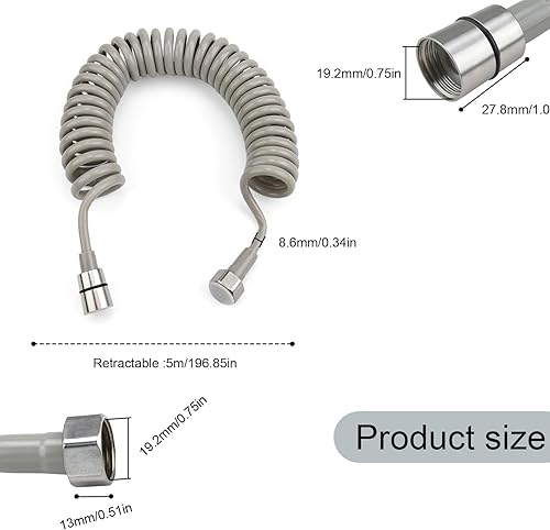 Tubo Doccia Flessibile, Molla Flessibile Doccia da 5 m, con Connettore 1/2, PU Tubo Flessibile Doccia Spirale, Portata Estensibile 5-9 m, Grigio, per Rubinetteria, Prolunghe Doccia - Honorern