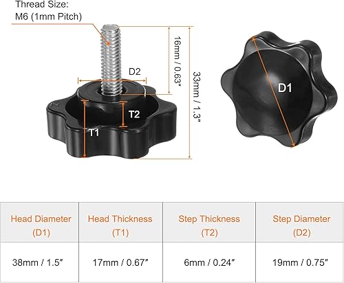 8 Pezzi Pomelli a Stella M6 x 16mm Vite Filettata in Acciaio Inossidabile 304, 38mm Manopola Zigrinata Vite a Testa Zigrinata a 6 Stelle Plastica Impugnatura Manopola, Nero - Honorern