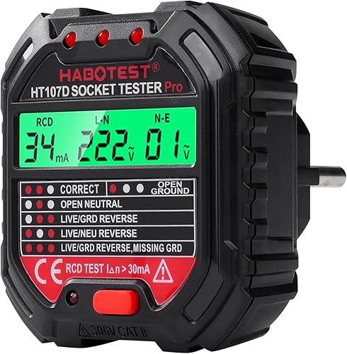Tester de Prese,Tester Prese Elettriche con Test RCD e Display LCD test presa elettrica 6 tipi Diagnosi dei Guasti,Tensione 90-250 V/CAT.II 300V (EU Plug) - Honorern