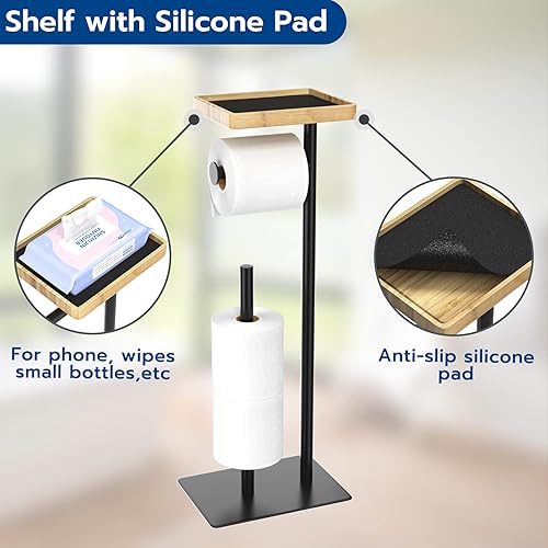 Portarotolo autoportante con ripiano superiore in bambù, supporto portarotolo carta igienica nero, dispenser per carta igienica da pavimento, 4 rotoli di riserva - Honorern