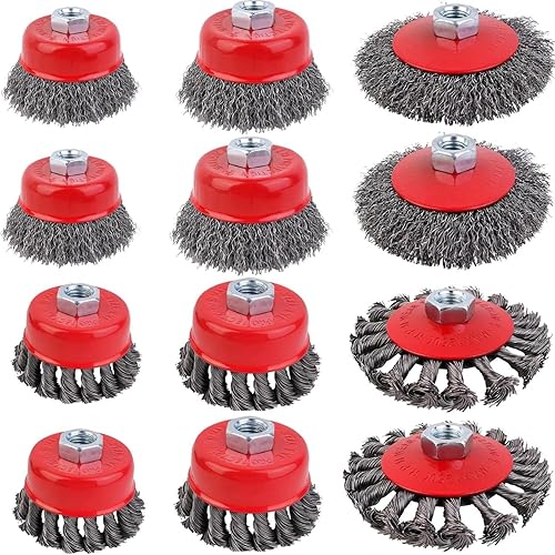 12 Pezzi Spazzola Metallica Smerigliatrice Angolare, Set Di Spazzole a Tazza,bM14 Spazzola Acciaio per Smerigliatura Metalli per Rimozione Ruggine e Vernice, Diametro 75 mm e 100 mm - Honorern