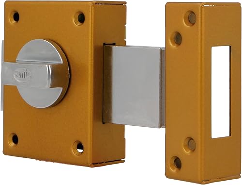 Amig - Serratura da Sovrapposizione con Leva di Chiusura e Stampellino Interno per Porte in Legno Mod. 85 | 85 x 65 mm | Chiavistello con Cilindro Rotondo di Sicurezza | Acciaio Smaltato Oro - Honorern