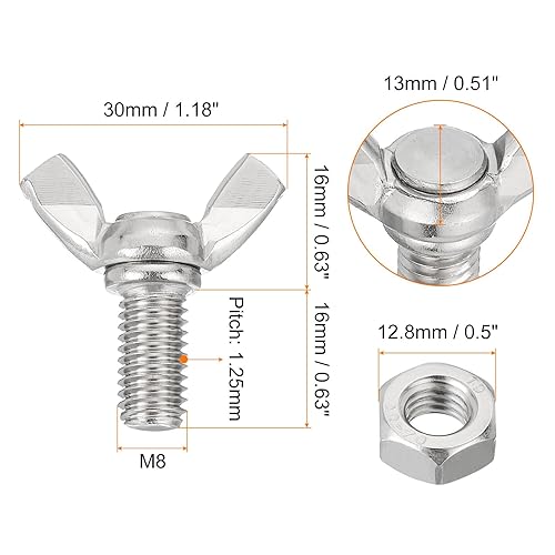 6pz Viti Farfalla M8-1.25x16mm Con 6pz Dadi, a Mano in Acciaio Inossidabile 304, a Testa a Farfalla - Honorern