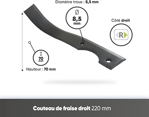 GREENSTAR - Coltello da fresa 220 mm per motobineuse Courmont, Husqvarna, Iseki, Kuhn, Pubert, Solo, Tromeca, Honda, Kubota, Mitsubishi - Coltello dritto - Honorern