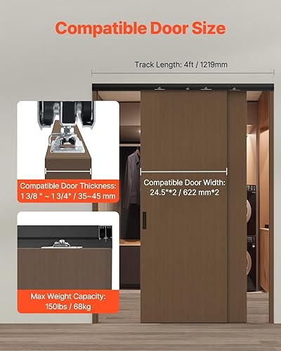 VEVOR Kit Ferramenta per Porta Scorrevole Bypass, 1219 mm, Resistente, in Lega di Alluminio, per Porta Scorrevole dell'Armadio con Tiranti a Dita, per Sistema a 2 Porte, per Spessori Porta 35-45 mm - Honorern