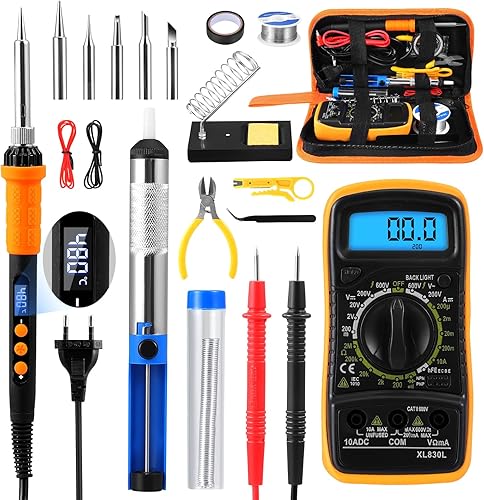Saldatore a Stagno Kit, 90W LCD temperatura regolabile 200-500°C Saldatore Kit, Saldatore Elettrico Pro con 5 Punte di Saldatura, Pompa Dissaldante, multimetro digitale per Piccole Riparazioni - Honorern
