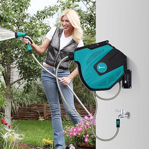 DURHAND Avvolgitubo da Giardino Retrattile con Tubo dell'Acqua 15m, Avvolgitubo da Parete Girevole a 180°, Avvolgitubo Automatico con 7 Modalità di Irrigazione e Kit di Montaggio, Nero e Verde - Honorern