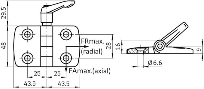 Cerniera 45 x 45 cm, con funzione di serraggio e leva di bloccaggio, plastica nera, cerniera a snodo, cerniera in plastica, cerniera per fissaggi – 1 pezzo - Honorern