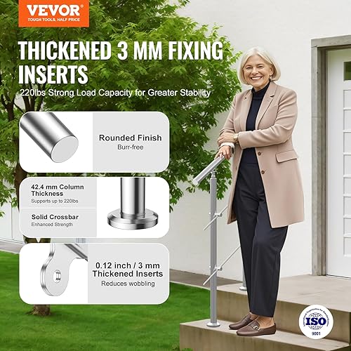 VEVOR Corrimano per Gradini Esterni, Kit Corrimano per Scale 2 Traverse 80 cm Lunghezza, Ringhiere Transizione Acciaio Inox Kit Installazione, Corrimano Scale Doppia Colonna per Veranda e Terrazza - Honorern