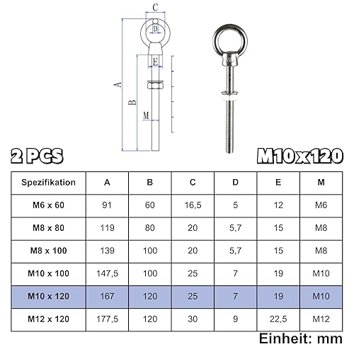 Viti ad anello lunghe, M10 x 120 mm, 2 viti ad occhio con rondelle e dadi esagonali, in acciaio inox 316 V4A A4, bulloni ad occhio per fissaggio e sospensione - Honorern
