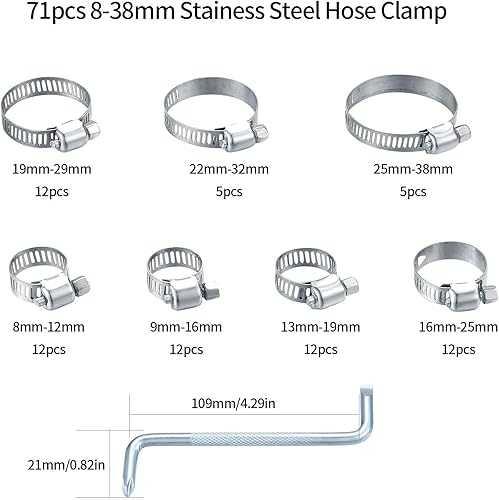 Morsetto regolabile per tubo clip, morsetti in acciaio inox, morsetti per tubo per auto, piscina, 71 pezzi/8-38 mm - Honorern