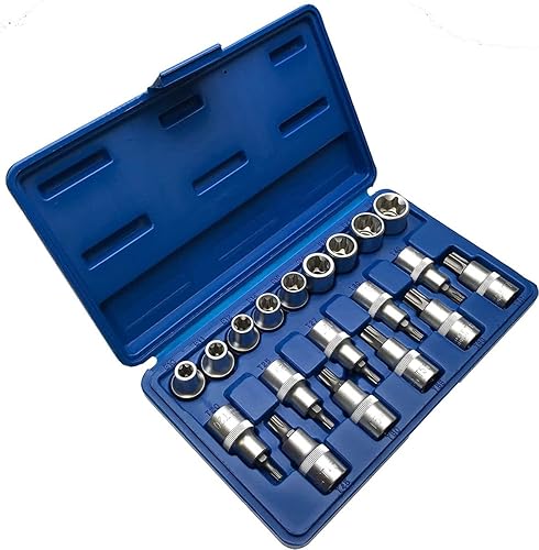SET 19 BUSSOLE TORX IN ACCIAO CROMO VANADIO ATTACCO 1/2' MASCHIO T20-T70 - FEMMINA E10-24 - Honorern