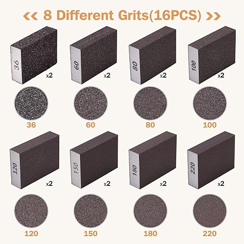 16 Pezzi Spugne Abrasive,Spugna Magica, Lavabile e Riutilizzabile Carta Vetrata, Set Spugne Abrasive Grana 36/60/80/100/120/150/180/220, per Legno e Metallo, Ringhiere, Lucidatura di Mobili - Honorern