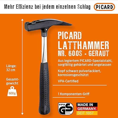 PICARD Martello da latta, 600S, 600 g, robusto ed ergonomico, certificato GS, acciaio speciale, manico in acciaio C45, DIN 7239, qualità professionale, prodotto in Germania dal 1857 - Honorern