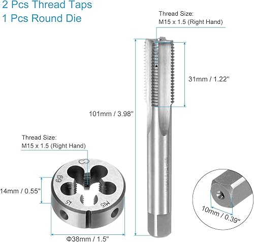 Set di 3pz Maschio e Filiere, Metrico M15 x 1.5 Maschio Filettatura e Filiere Rotondo, Kit di Attrezzi per Filettatura e Maschiatura per Riparazione di Dadi Viti - Honorern