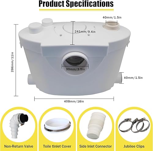 Trituratore WC Maceratore Pompa 400W, Pompe per Fognature Sanitarie 145L/min 4 ingressi, Pompa di sollevamento Doccia 8m linea di trasporto verticale per WC, Doccia, Lavandino - Honorern