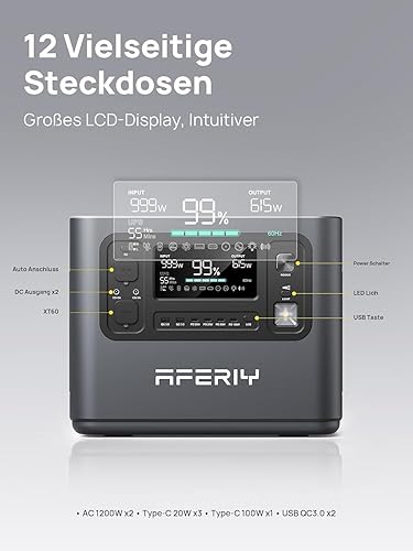 Generatore solare da 3600 W, LiFePO4, 3840 Wh, Power Station portatile con UPSV, 3 x 230 V, uscita AC 3600 W (7200 W picco), generatore di corrente da 2200 W, ricarica rapida per viaggi - Honorern