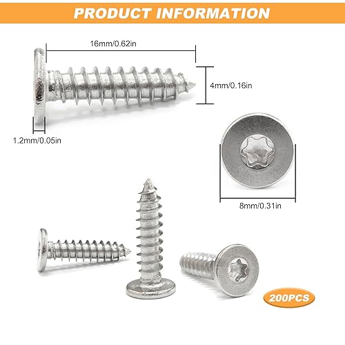Viti autofilettanti Torx, 200 pezzi, in acciaio inox, viti per legno Torx, con testa piatta, viti autofilettanti M4 x 16 mm - Honorern