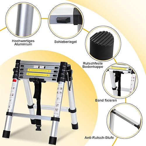 3,8 m (1,9 m + 1,9 m), scala telescopica ad A, in alluminio, con stabilizzatore, scala portatile, portata massima 150 kg, per interni ed esterni - Honorern