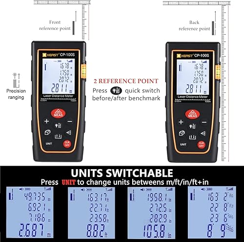 Metro Laser 100M, XEAST IP54 Misuratore Laser, Misura di Distanza Digitale Portatile con 1 Livelli di Bolla, Telemetro Laser Distanziometro con Display LCD a 4 Righe e Retroilluminazione più Grande - Honorern