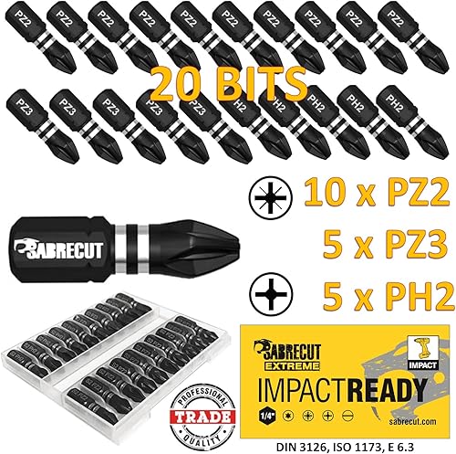 20 punte per cacciavite a percussione SabreCut SCPB25_20 da 25 mm PZ2 PZ3 PH2 a un'estremità PoziDriv POZI n. 2 n. 3 Phillips n. 2 per impieghi gravosi con scatola di immagazzinaggio - Honorern