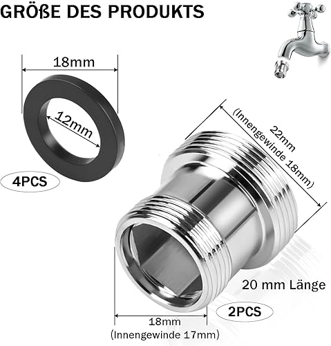 2 adattatori per rubinetto da M18 a M22, filettatura esterna, filtro dell'acqua, tubo adattatore con 4 guarnizioni in gomma, adattatore per rubinetto per risparmio idrico - Honorern