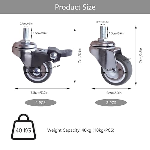 4 Pezzi Ruota Girevole con Perno Filettato M8, Ruote 360°Girevoli in Gomma, Rotelle per Mobili Pivotanti con Viti, 2 con Freni + 2 Senza Freni per Mobili Interno ed Esterno (M8 X 15 mm, Capacità 40kg) - Honorern