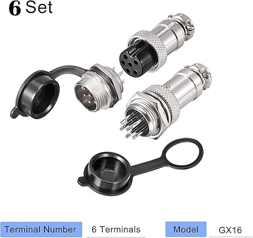 6Pcs GX16-6 Pin Aviazione Connettore Spina, 5A 12MM Maschio Femmina Plug GX16 Connettore Pannello Metallo Presa Spina, con Gomma Protettore Berretto e Phillips Cacciavite - Honorern