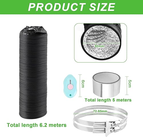 80mm Nero Tubo di Scarico 6 m Condotti Tubo di Ventilazione Flessibile in Alluminio PVC con 2 Fascette Stringitubo in Acciaio per Aria Condizionata, Asciugatrice, Cappa Aspirante - Honorern